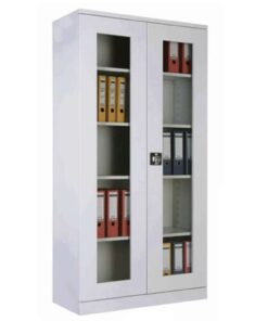 Professional 198 cm tall steel and glass file cabinet by Reggo Trade, featuring a robust steel frame and tempered glass doors for high-capacity office storage and display.